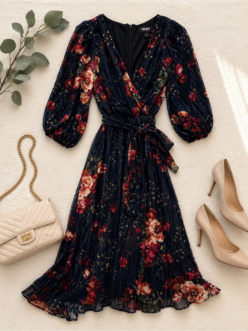 DKNY Navy Floral Midi Dress with Red & Pink Blossoms
